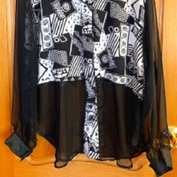 Papa & Louis Geometric Print Sheer Bottom Half & Sleeves Blouse/Shirt Sz: L - Picture 2 of 6